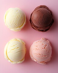 Four scoops of vanilla, chocolate, and strawberry ice cream on pink background