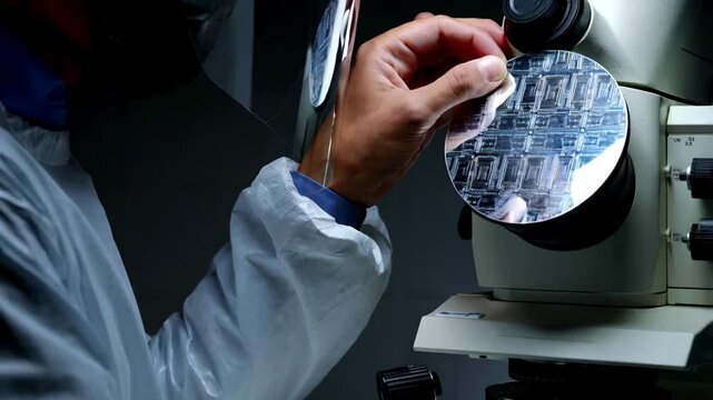 Precision focused lab worker wiping silicon wafer, ensuring clean surface for advanced semiconductor research and microscopic quality assessment in sterile workspace