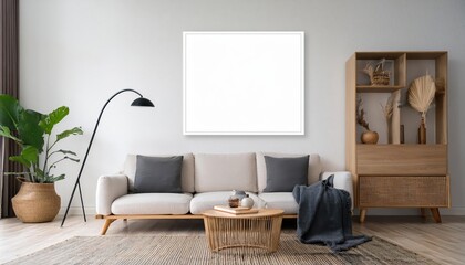 Scandinavian Living Room Mockup with Frame Poster Showcasing Cozy Ambiance and Natural Hues, Perfect for Home Decor or Digital Art Inspiration.