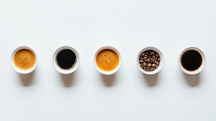 A vibrant display of coffee evolution from beans to brewed cups on a clean white surface