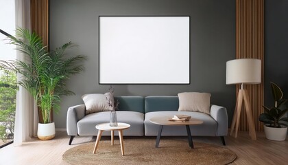Stylish Scandinavian Living Room Showcasing a Framed Artwork Mockup, Filled with Neutral Tones and Modern Minimalism, Enhancing Home Decor Inspiration.