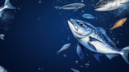 Naklejka premium Underwater Symphony: A mesmerizing underwater scene teeming with diverse fish gracefully swimming in a cerulean aquatic realm, exuding an air of serenity and marine biodiversity.