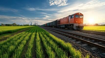 Obraz premium Orange Locomotive Travelling Through Green Rice Fields Under Blue Sky and Sunlight