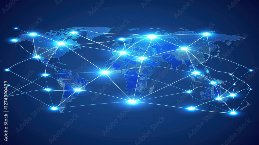 Poster digital world map with glowing connections representing global networking and communication. blue to