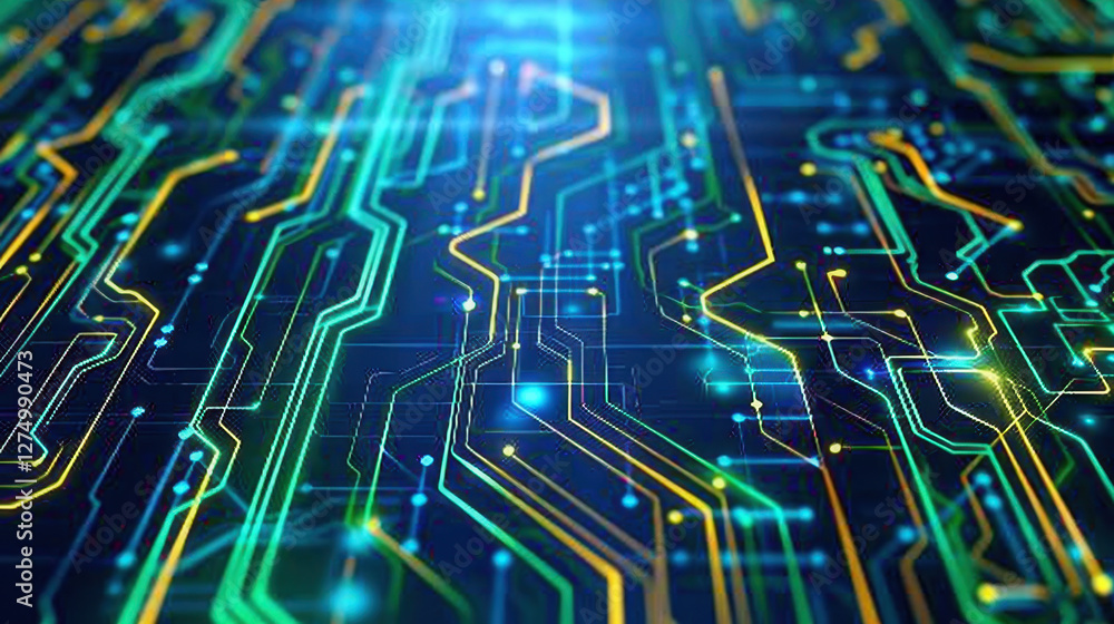 Poster digital circuit board with glowing lines and nodes, showcasing technology and innovation. vibrant co