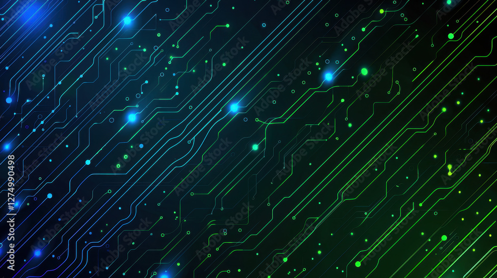 Poster digital circuit pattern with glowing lines and nodes in blue and green hues, creating futuristic and