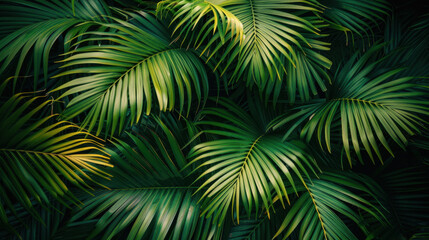 Obraz premium Lush green palm leaves create vibrant tropical backdrop, showcasing various shades of green and intricate textures. This evokes sense of tranquility and nature beauty