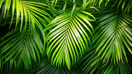 Lush green palm leaves create vibrant tropical backdrop, showcasing nature beauty and tranquility. intricate patterns and textures of leaves evoke sense of calm and relaxation