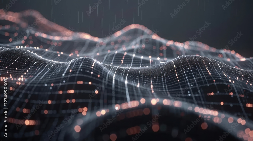 Poster mesmerizing abstract representation of waves with glowing particles, showcasing digital landscape. i