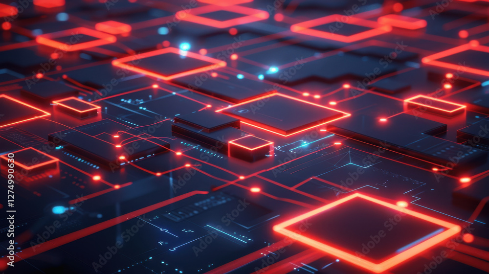 Poster futuristic digital circuit board with glowing red lines and shapes, representing technology and inno