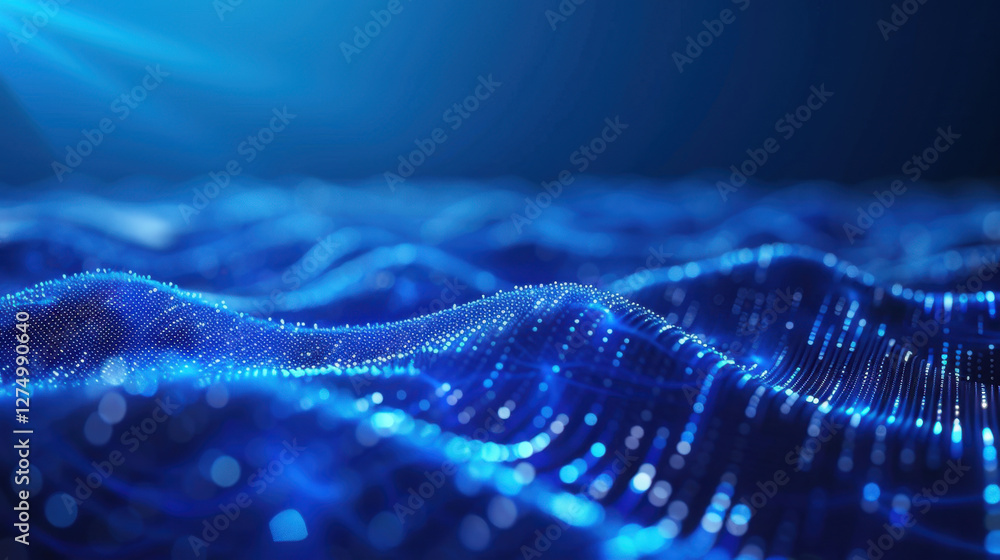 Poster mesmerizing digital wave pattern in vibrant blue tones, showcasing depth and movement. glowing dots 