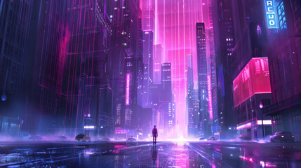 Fototapeta premium futuristic cityscape with neon lights and tall buildings, showcasing vibrant atmosphere. scene evokes sense of wonder and exploration in cyberpunk setting