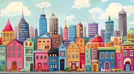 Naklejka premium cartoon city skyline with fun colorful buildings