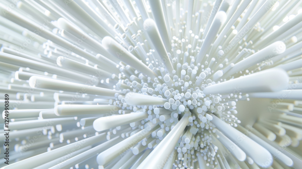 Poster abstract white structure with elongated shapes and depth perception, creating sense of movement and 