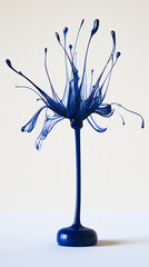 Obraz premium Abstract blue liquid sculpture resembling a flower, set against a plain background, showcasing fluid dynamics