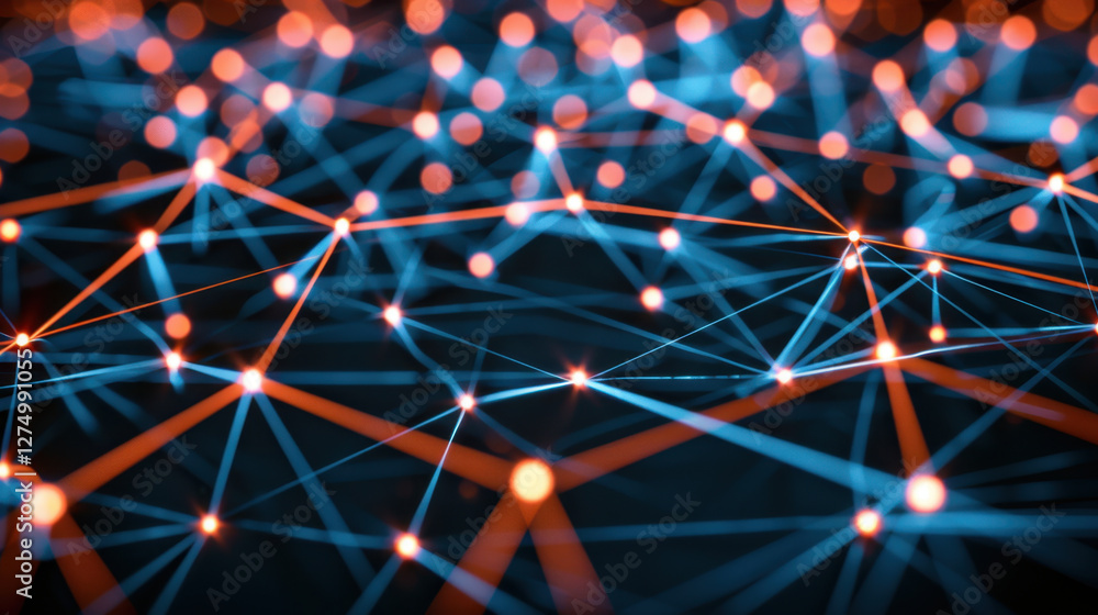 Poster digital network connections with glowing blue and orange nodes create vibrant visual. this abstract 