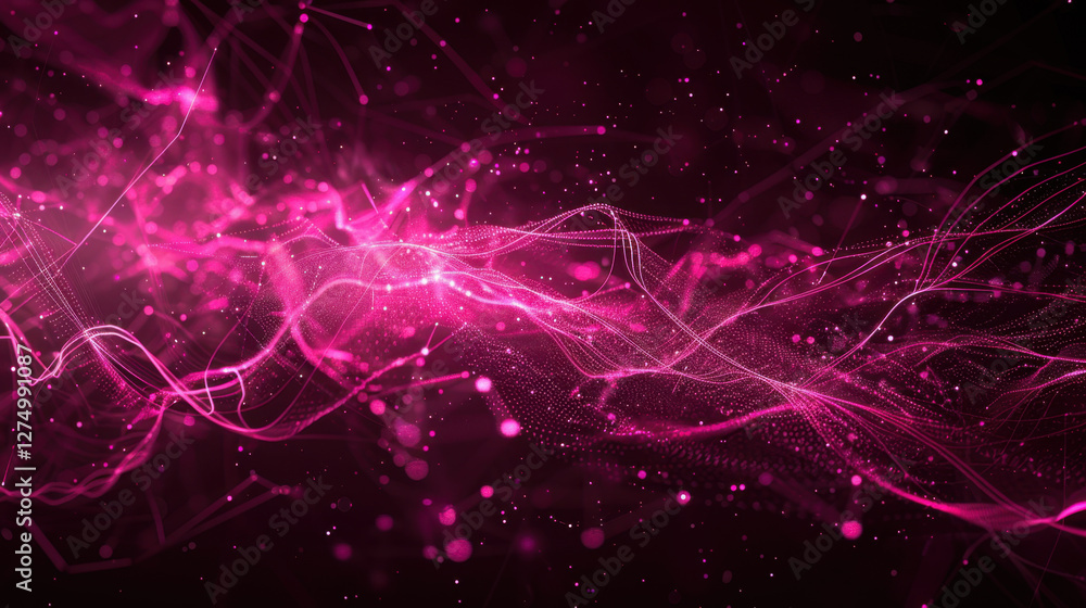 Poster Abstract digital background with flowing pink lines and particles, creating vibrant and dynamic visual effect. Perfect for technology and creative themes