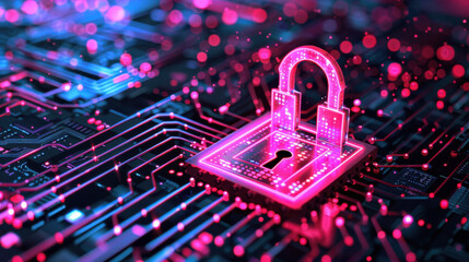 digital lock symbolizing cybersecurity on circuit board background, showcasing vibrant pink and blue colors. This represents data protection and technology