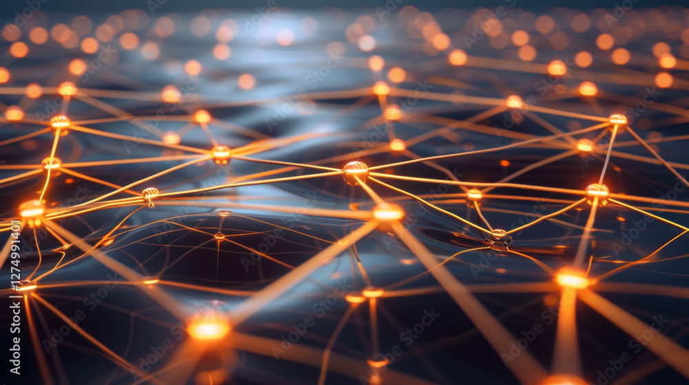 Poster close up view of interconnected glowing nodes and lines, representing digital network or data connec