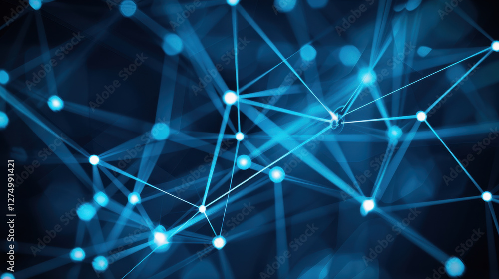 Poster abstract blue network connections with glowing nodes and lines, representing technology and data flo