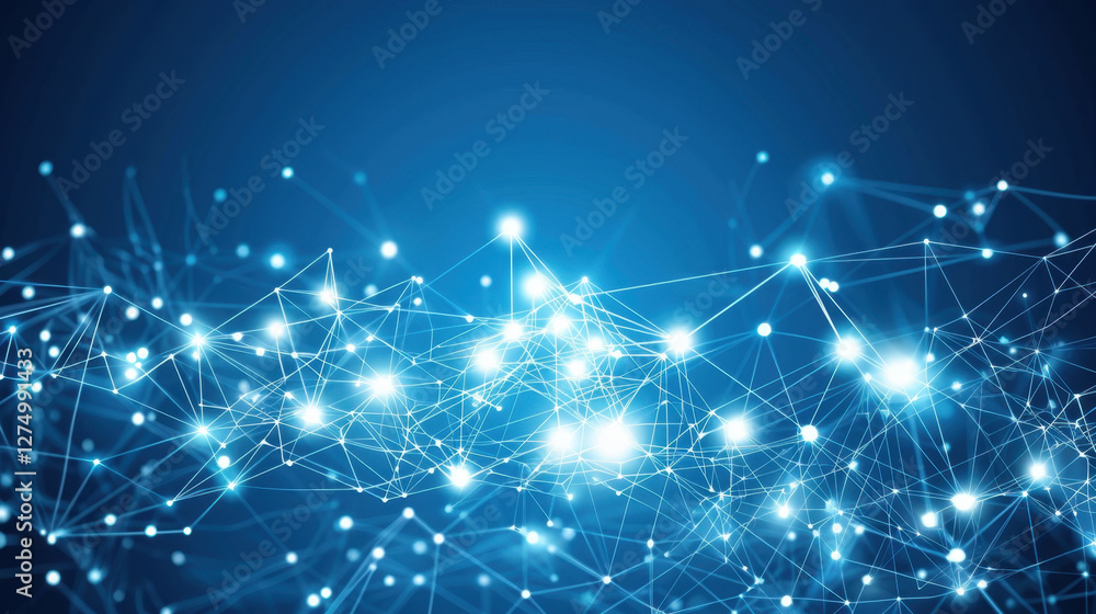 Poster abstract digital network with glowing connections and nodes, representing technology and data flow i