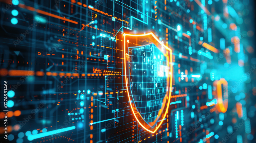 Poster digital shield symbolizing cybersecurity with glowing data streams and binary code, representing protection and technology