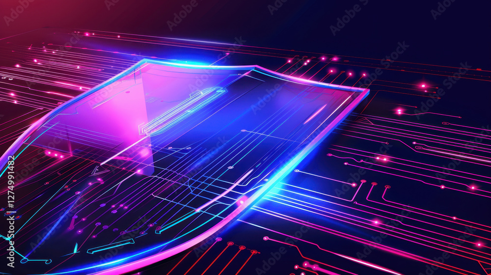Poster digital shield design with neon lights and circuit patterns, symbolizing cybersecurity and protectio