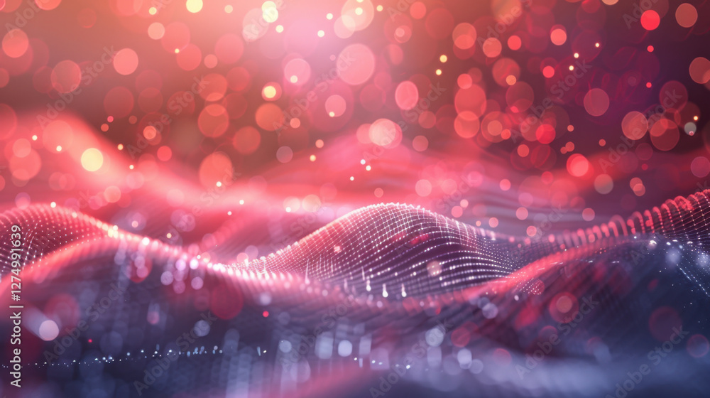 Poster abstract digital waves with glowing particles in red and blue tones create mesmerizing visual effect
