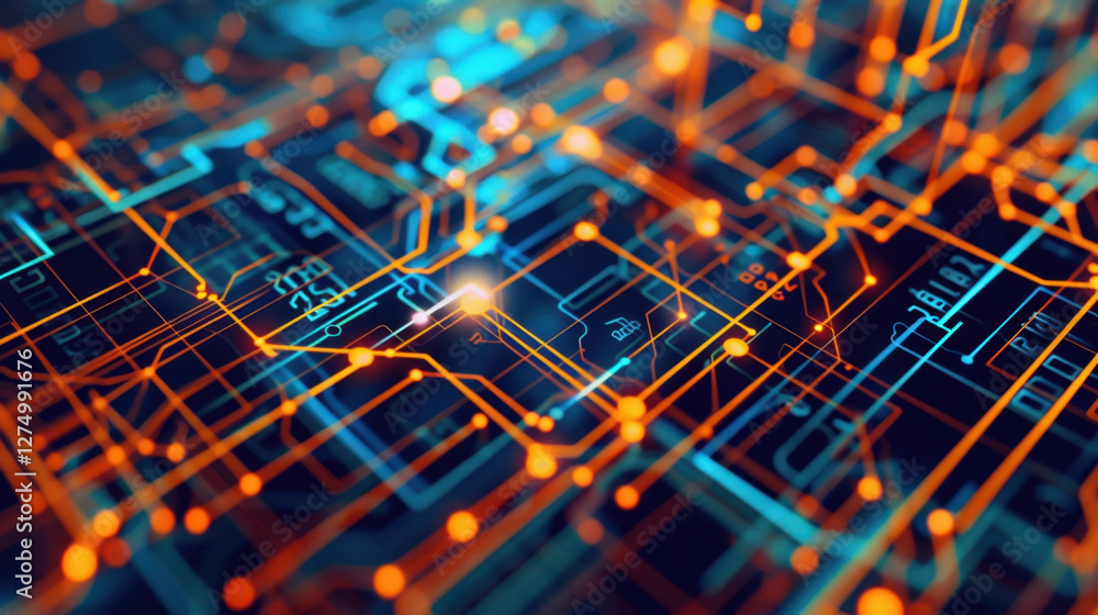 Poster digital circuit board with glowing lines and nodes, representing technology and innovation. vibrant 