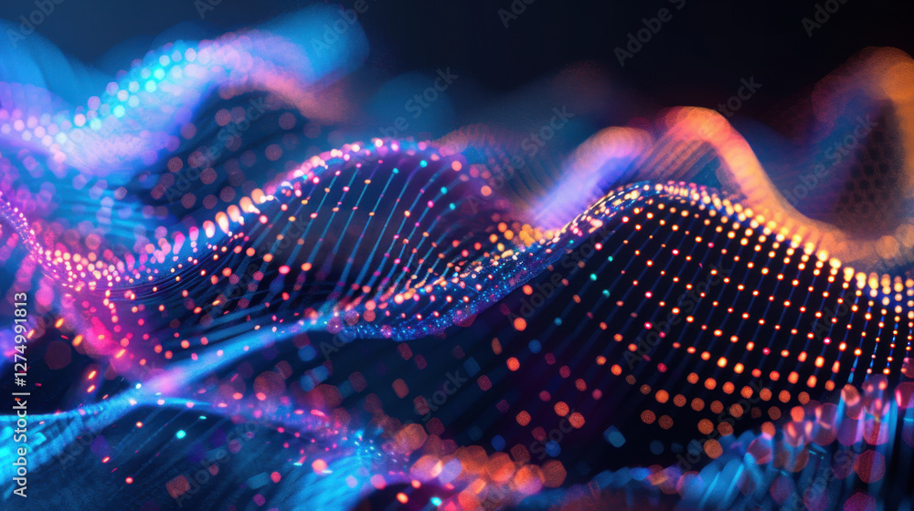 Poster colorful abstract wave pattern with glowing dots and lines, representing digital data flow and techn