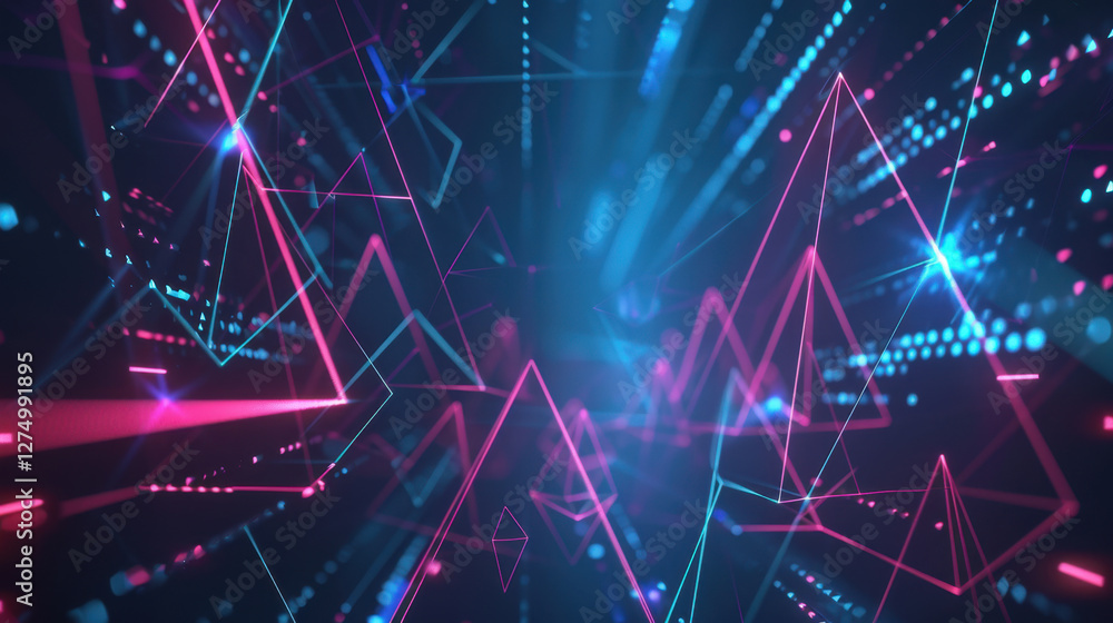 Poster vibrant abstract background with glowing lines and geometric shapes in pink and blue, creating dynam