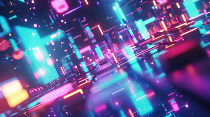 Obraz premium Vibrant abstract digital landscape with glowing neon lights and geometric shapes, creating futuristic atmosphere