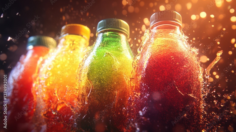 Aufkleber colorful soda bottles splashing with vibrant bubbles in a dynamic, illuminated setting