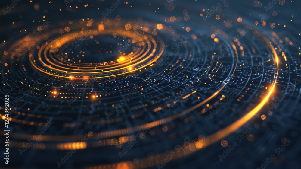 Poster abstract digital background with glowing circles and particles