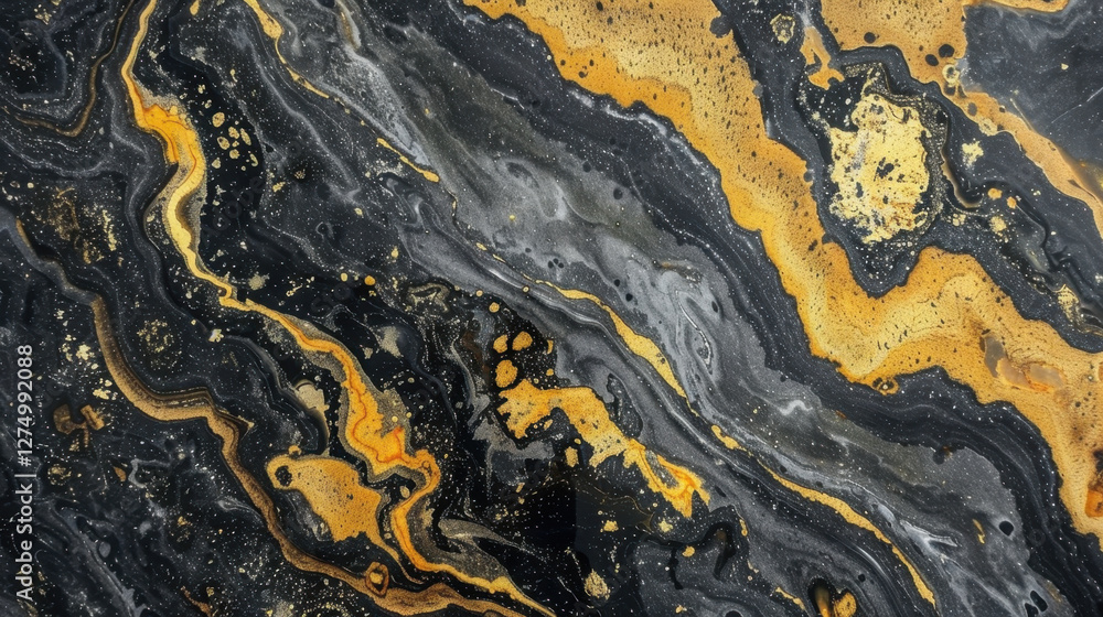 Poster stunning abstract pattern featuring swirling black, gray, and gold colors, creating luxurious and dy