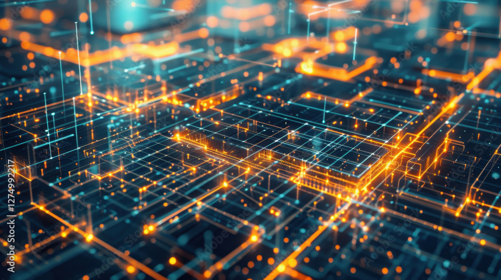 Poster digital network with glowing lines and nodes, representing technology and data flow. vibrant orange 