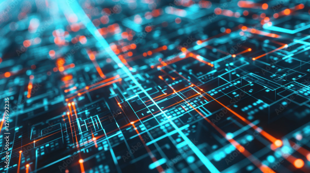 Poster futuristic digital circuit board with glowing lines and nodes, showcasing technology and innovation.