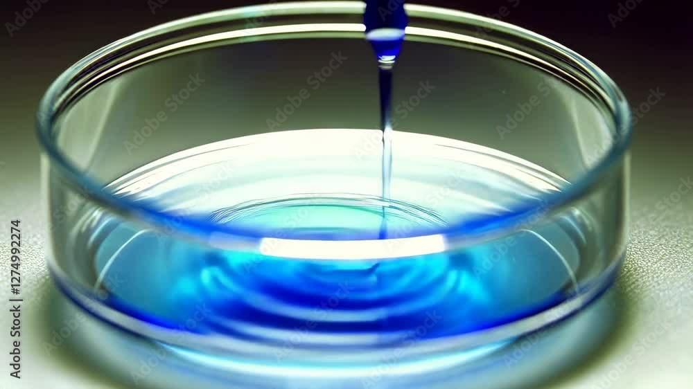 Poster scientific laboratory experiment showing blue liquid droplet falling from pipette, creating concentr