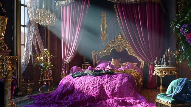 Opulent Purple Palace Bedroom: A Luxurious Digital Artwork