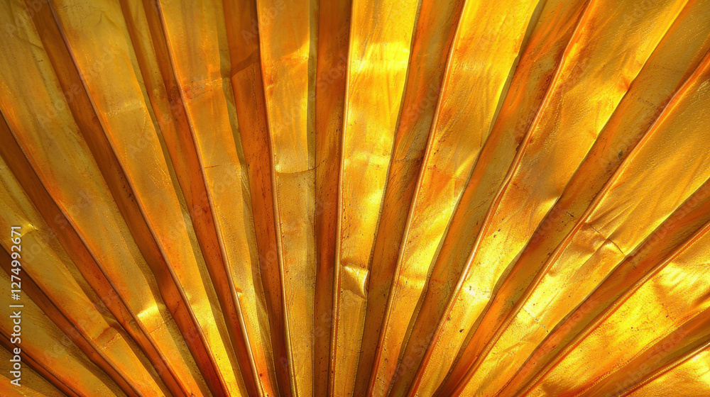Poster golden fan texture with vibrant lines and warm hues, creating striking visual effect. interplay of l