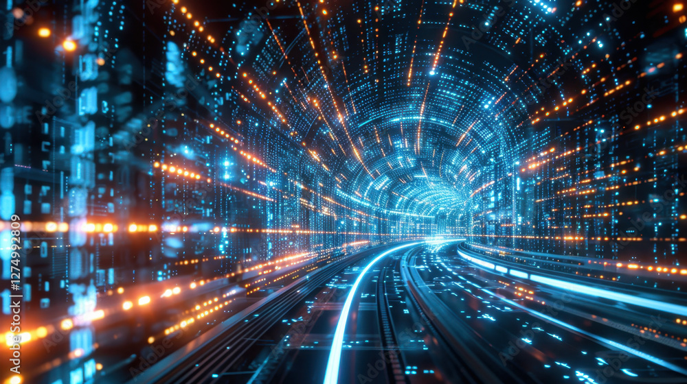 Poster futuristic digital tunnel with glowing blue and orange lights, creating sense of speed and motion. v