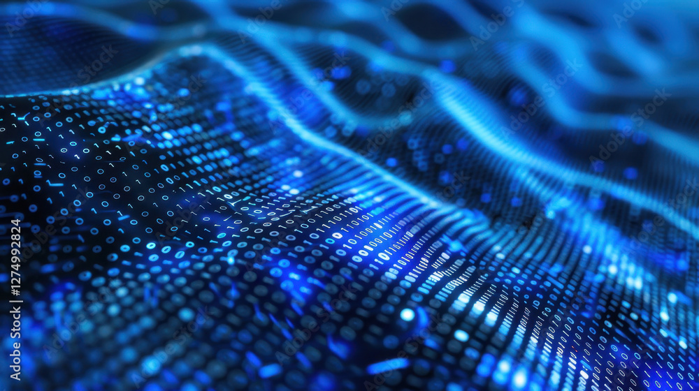 Poster digital waves of binary code create mesmerizing blue landscape, symbolizing technology and data flow