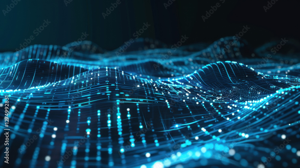 Poster mesmerizing digital landscape featuring flowing waves of blue light and data points, creating sense 