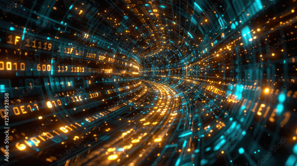 Poster digital tunnel with glowing binary code and vibrant lights, representing data flow and technology