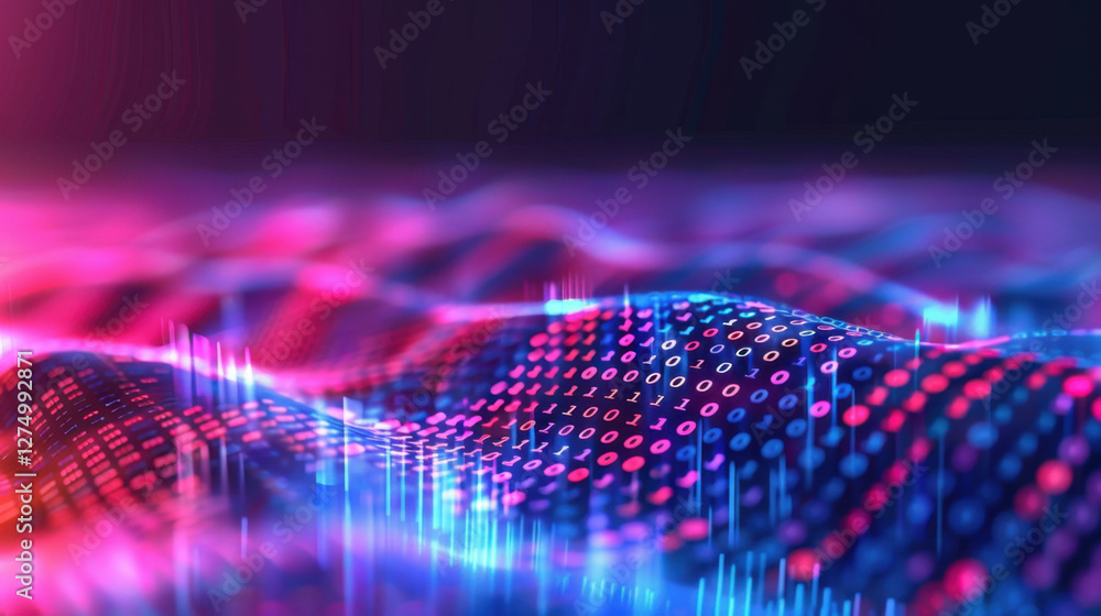 Poster digital waves of binary code in vibrant colors create mesmerizing visual effect, representing data f