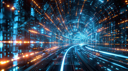 Fototapeta premium Futuristic digital tunnel with glowing blue and orange lights, creating sense of speed and motion. vibrant colors and dynamic lines evoke high tech atmosphere