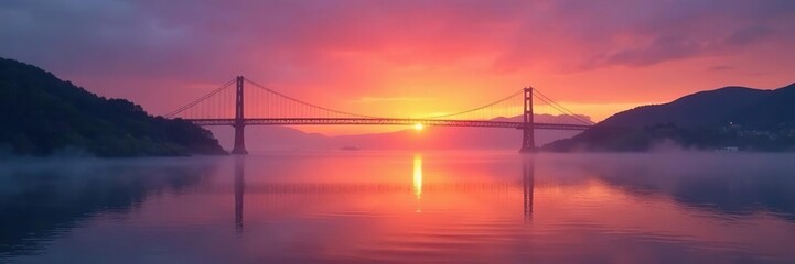 Fototapeta premium Sunset over the bay bridge with a misty atmosphere and calm waters, landscape, Scotland, misty atmosphere