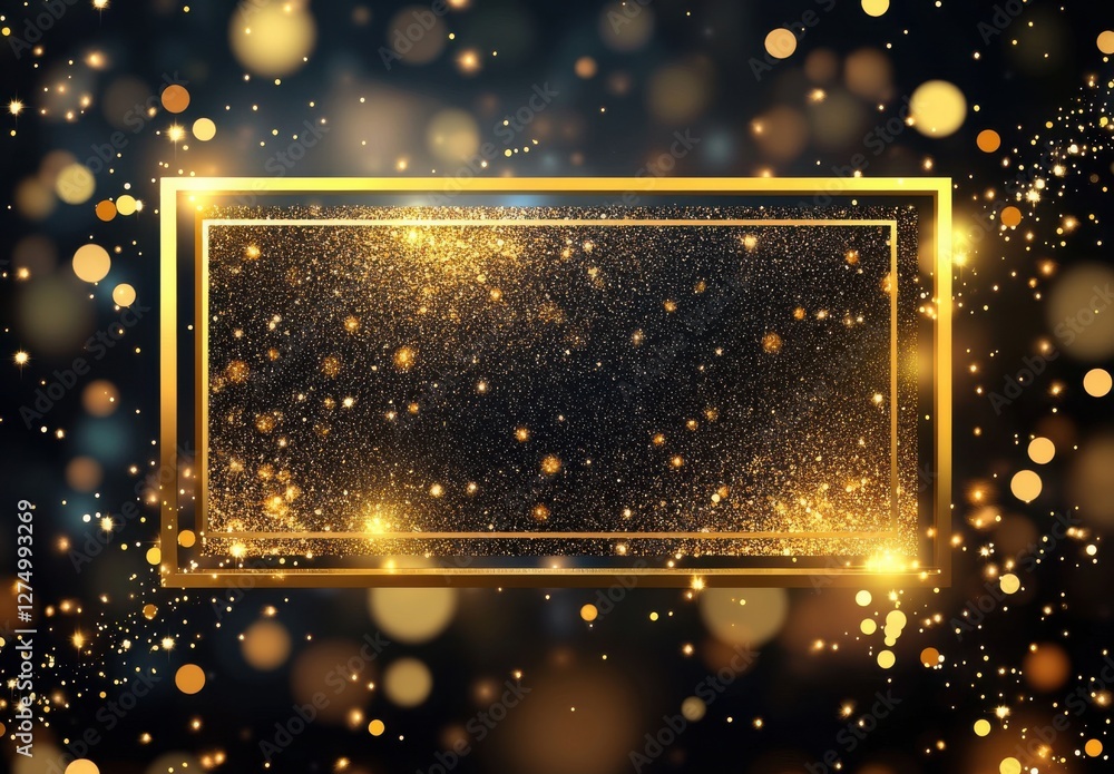 Poster elegant golden frame surrounded by shimmering bokeh and sparkling particles in a dark background for