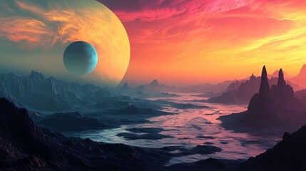 alien planet with surreal colored sky and terrain