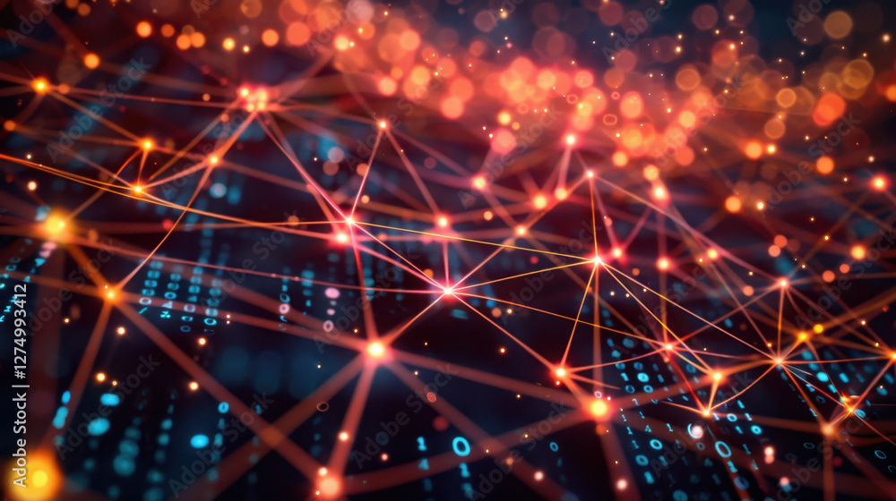 Poster vibrant digital network with glowing nodes and binary code, representing technology and connectivity